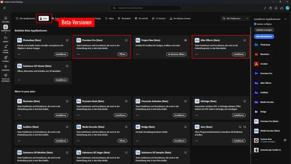 Beta Versionen in Adbe Creative Cloud