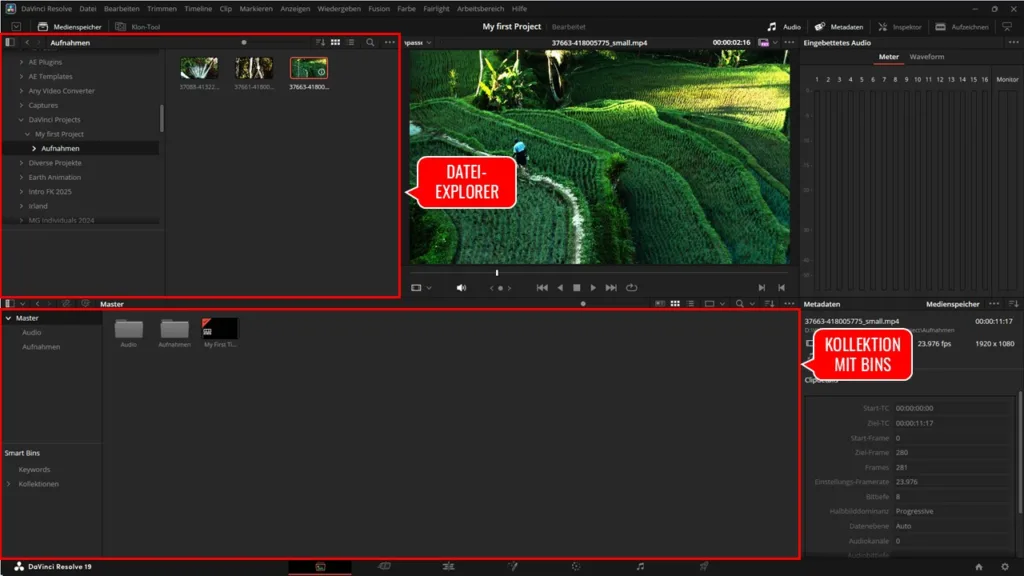Medien-Arbeitsbereich in DaVinci Resolve